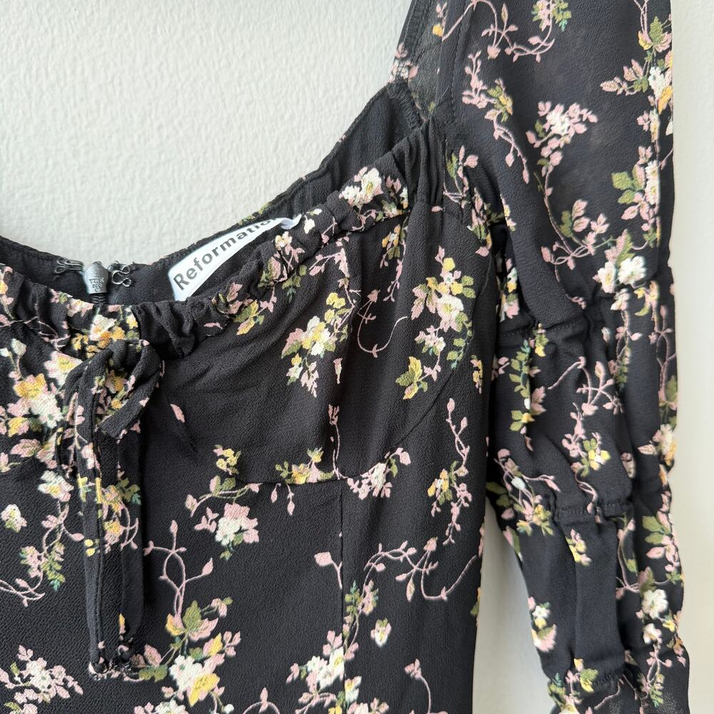 Reformation Clarissa Black Floral Midi Dress – Slit Crepe – Size M (US 6) - Picture 6 of 7